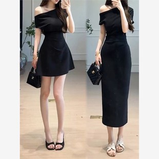 斜肩连衣裙2025夏高定弹力气质显瘦设计感收腰抽褶小黑裙长短裙