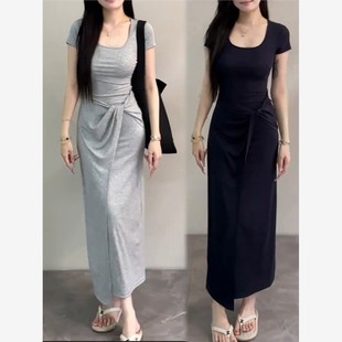 2025春夏纯欲风扭结性感款短袖夏长裙连衣裙开叉显瘦褶皱