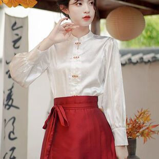 国风白色对襟立领长袖衬衫女款配马面裙的上衣古风汉服新中式衬衣