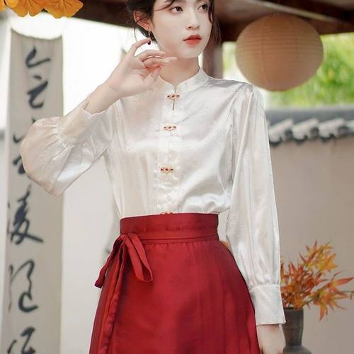 国风白色对襟立领长袖衬衫1150