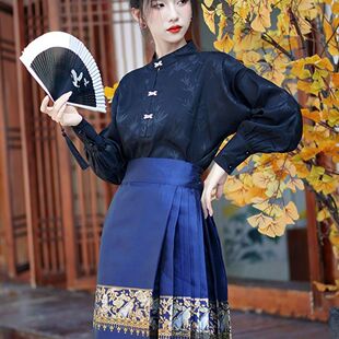 搭配马面裙的衬衫女款立领对襟改良汉服上衣新中式国风黑衬衣秋季