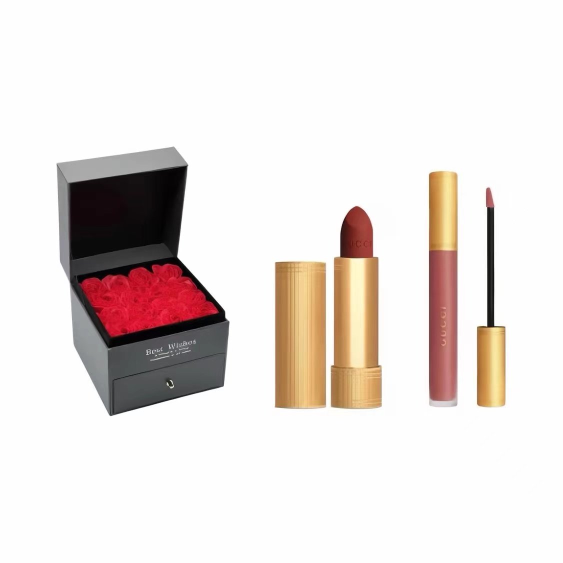 【竖纹口红505+云雾唇釉208+玫瑰礼盒】