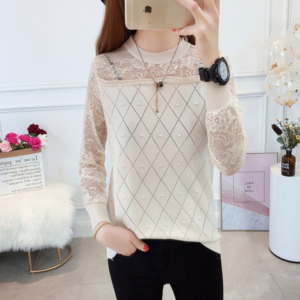2018春季新款圆领蕾丝打底衫短款镂空韩版宽