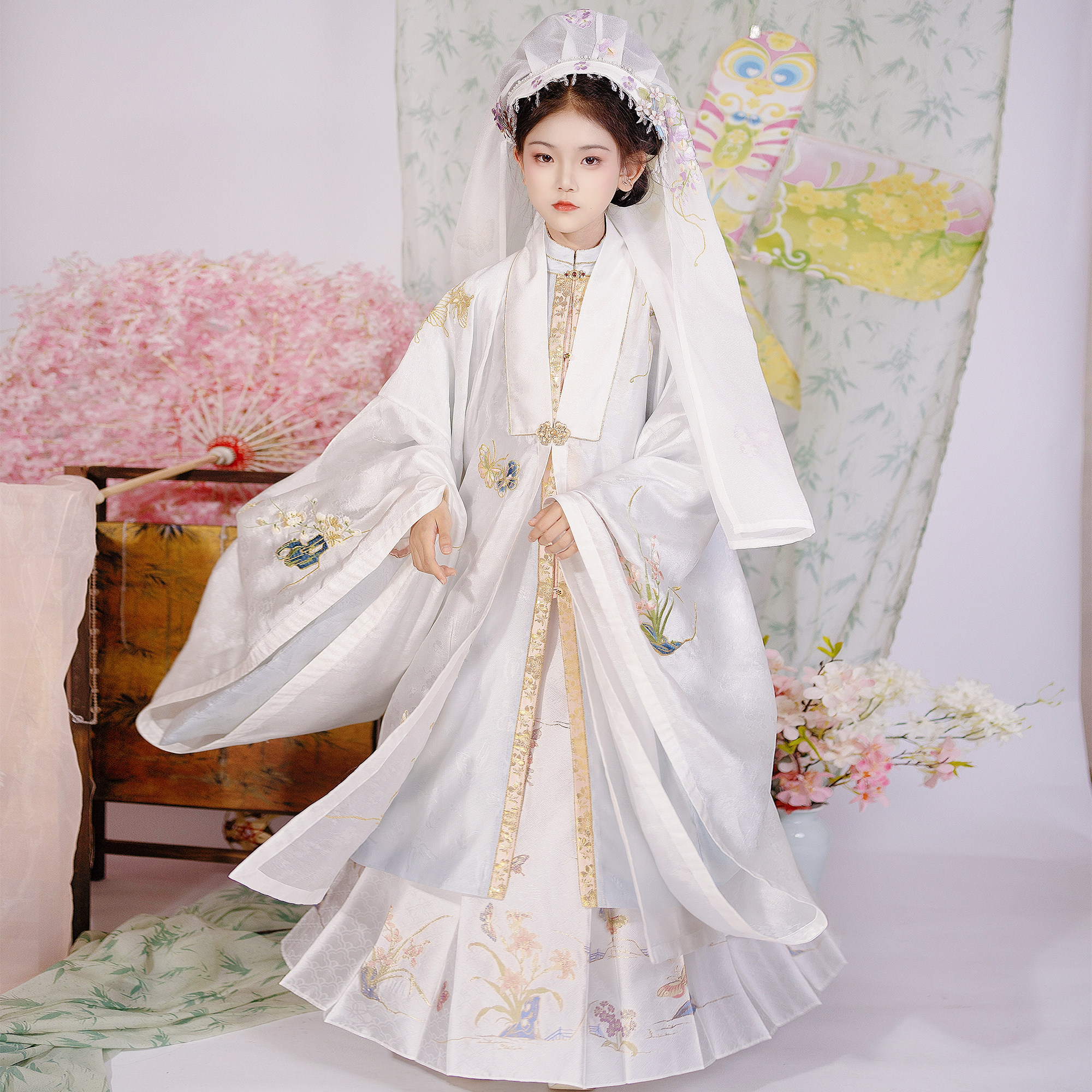 花满庭洛竹原创重工刺绣明制传统复原儿童明制汉服女童汉服披风仙
