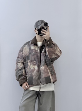 2025冬季新款设计感拼接翻领紫色块羽绒服男潮流宽松休闲保暖外套