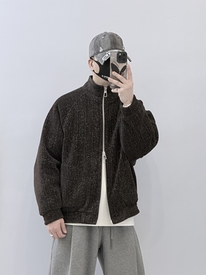 秋冬拼接立领加绒宽松男夹克