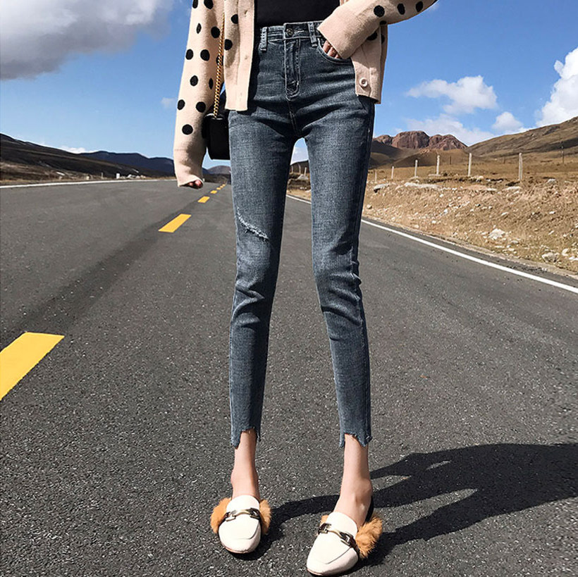 秋装2020年新款烟灰色八分牛仔裤女高腰显瘦百搭紧身九分小脚裤子