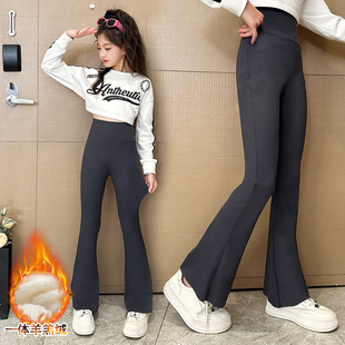 女童2026秋冬款长裤鲨鱼裤儿童高腰微喇裤黑色大童打底裤加绒裤子