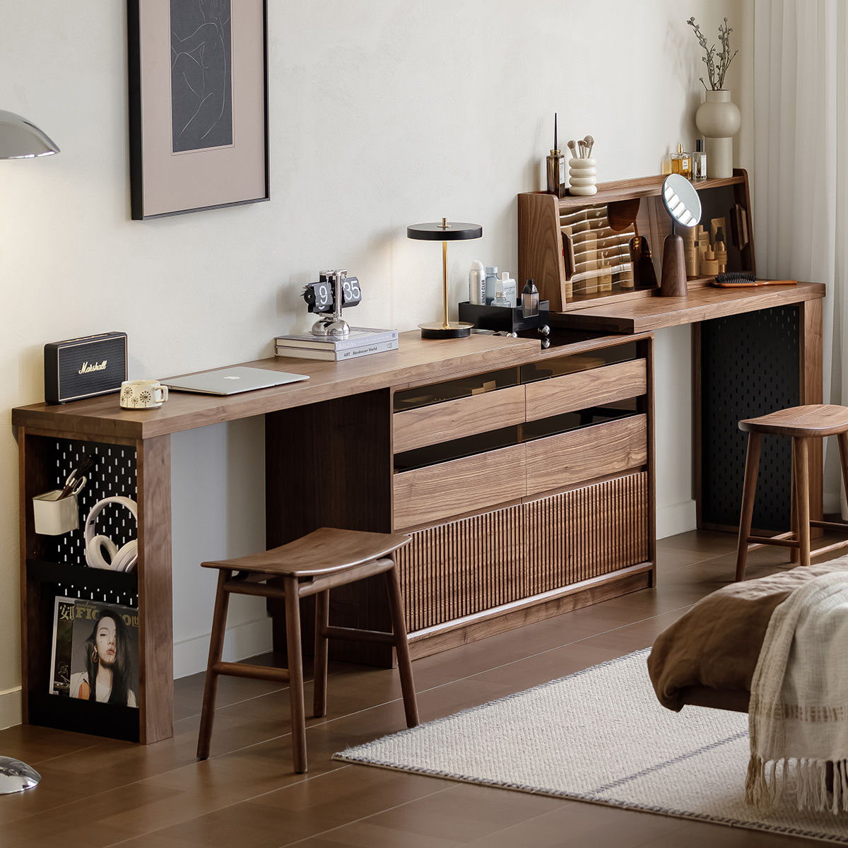 北美黑胡桃木梳妆台斗柜一体化妆桌收纳柜化妆台床尾柜卧室办公桌