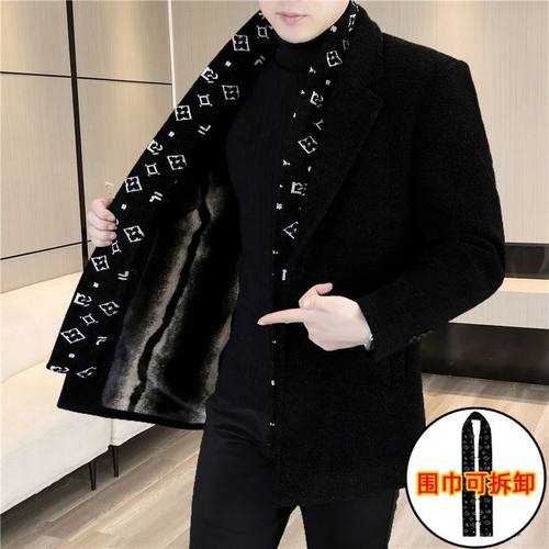 2025新款【围巾脱卸】毛呢大衣男中长款加绒加厚外套西装领风衣