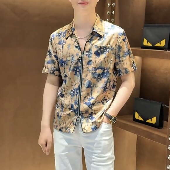 2025夏季新款修身男士休闲个性时尚潮流印花双拉链开衫短袖T恤