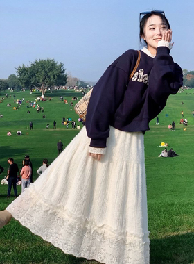 白色蕾丝蓬蓬半身裙女秋冬新款高腰a字大摆伞裙中长款蛋糕裙