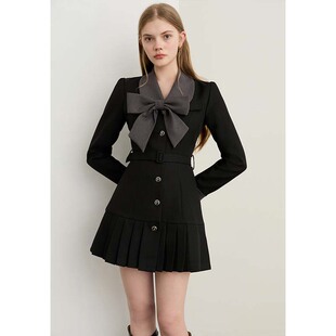 有里布送腰带黑色连衣裙2025秋季新款蝴蝶结收腰短款打底裙LJ0104