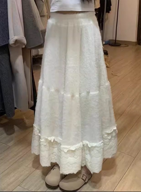 白色毛绒针织半身裙女秋冬季高腰a字长裙子超好看冬装蕾丝蛋糕裙