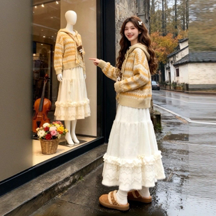 白色蕾丝蛋糕半身裙女春秋冬2026新款 胖MM显瘦高腰a字长裙子 大码