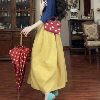 黄色半身裙女2026春夏新款小个子高腰显瘦松紧腰中长款a字伞裙子