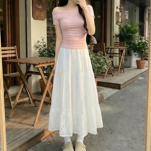 胖MM遮肚子显瘦高腰a字中长裙 白色蕾丝蛋糕半身裙女春夏2026新款