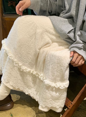 春秋绒感白色半身裙长裙子加厚高克重法式穿搭毛绒绒软糯肌理面料