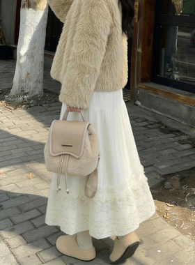 白色毛绒针织半身裙女秋冬季高腰a字长裙子超好看冬装蕾丝蛋糕裙