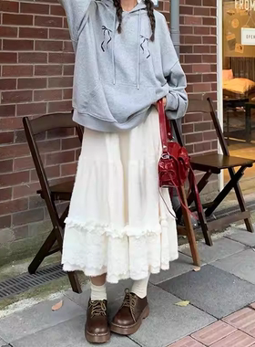 法式丝绒蕾丝拼接半身裙女秋冬毛绒温柔风超仙气质蛋糕裙a字长裙