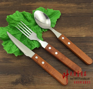 牛排餐具刀叉西餐刀叉勺木柄三件套高档切牛排扒专用套装复古餐具