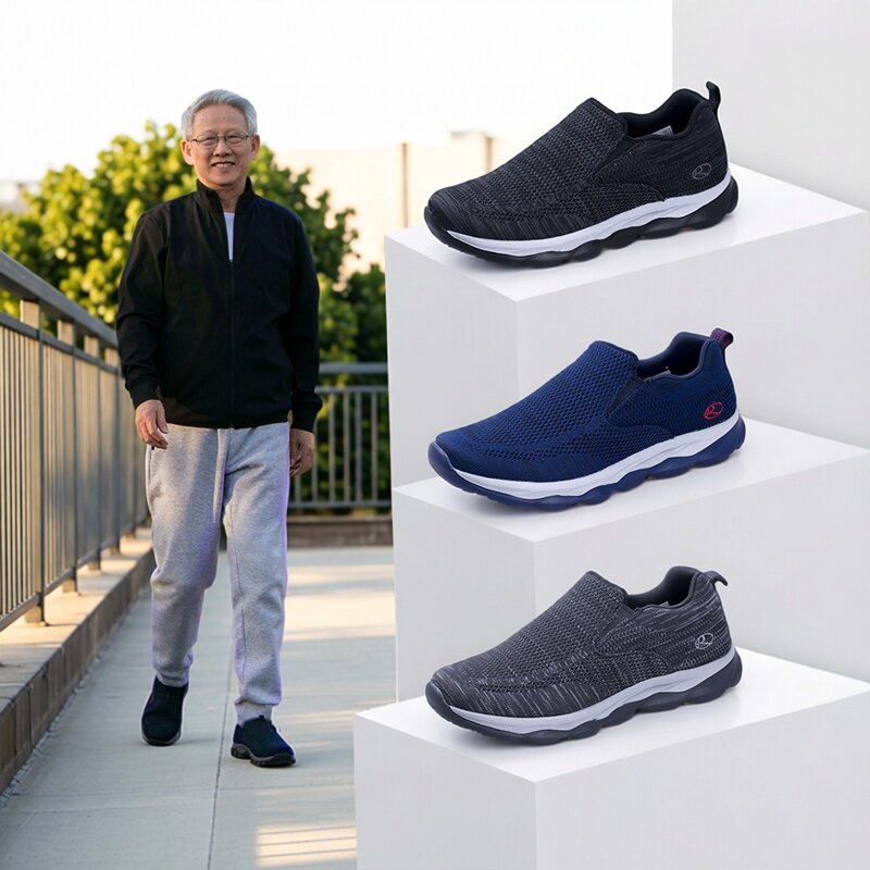 春季透气老人鞋男中老年轻便运动防滑软底健步休闲一脚蹬爸爸网鞋