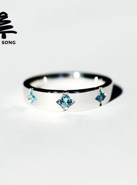 三石款托帕石戒指 银松925银镶天然瑞士蓝托帕男女情侣对戒首饰