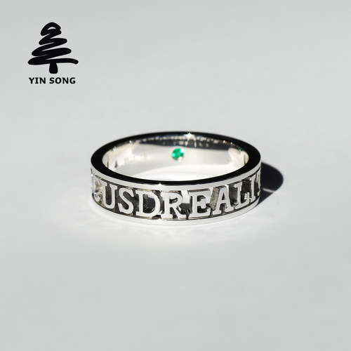 定制字母戒指 银松925银镶天然祖母绿宝石男女情侣对戒镂空