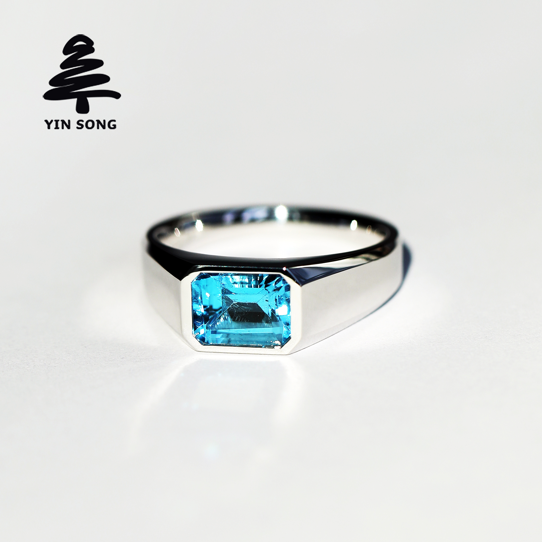 包镶祖切托帕石戒指 银松925银镶天然黄玉瑞士蓝男士首饰尾戒