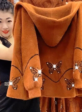 洋气蝴蝶水貂绒女外套收腰宽松秋冬装短款外穿保暖妈妈装中年加厚