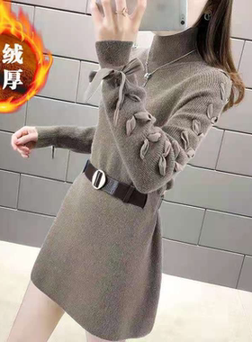 毛衣女中长款2025秋冬款宽松长袖针织连衣裙女士外穿加绒打底衫潮