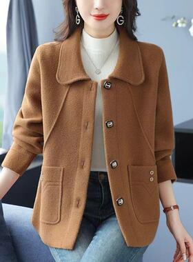 水貂绒这针织毛呢外套女2025新款气质保暖上衣开衫双面呢大衣外套