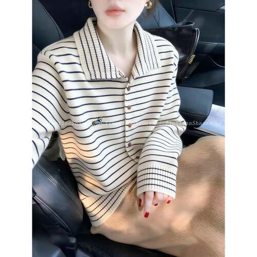 条纹翻领针织开衫女秋冬