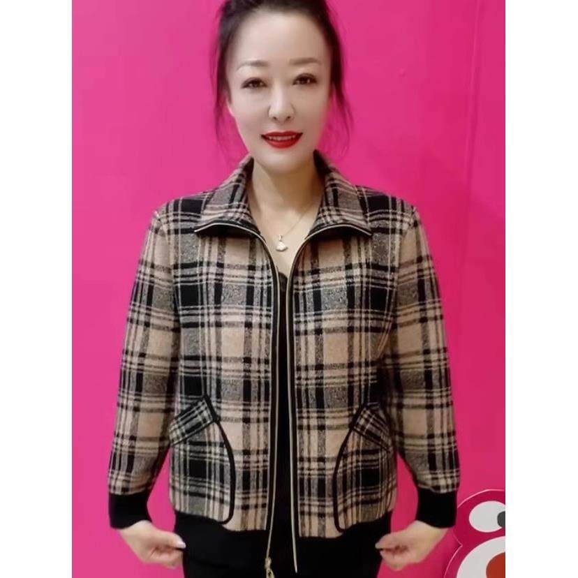 中老年女装妈妈装格子拉链外套秋冬新款宽松毛呢阔太太开衫上衣厚