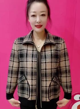 中老年女装妈妈装格子拉链外套秋冬新款宽松毛呢阔太太开衫上衣厚