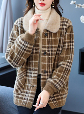 中年妈妈秋冬装外套洋气加厚上衣短款大码棉服女士格子水貂绒外衣