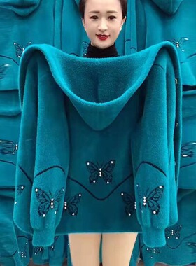 洋气蝴蝶水貂绒女外套宽松秋冬短款外穿保暖妈妈装中年加厚上衣