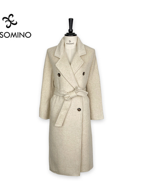 衣莎美诺冬羊毛呢大衣兔绒长外套女翻驳领显瘦白色紫色Y405D0116