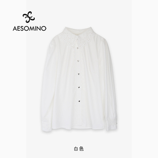 【新】衬衫女纯色拼接上衣春秋Y057C1077钩花蕾丝韩系白色衬衫