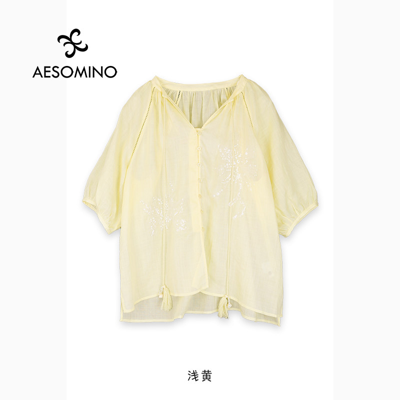 新中式重工刺绣亚麻衬衫女夏季短袖V领系带小衫上衣Y684B7030