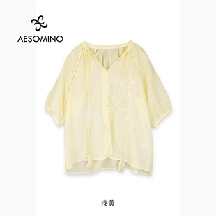 V领系带小衫 新中式 短袖 女夏季 上衣Y684B7030 重工刺绣亚麻衬衫