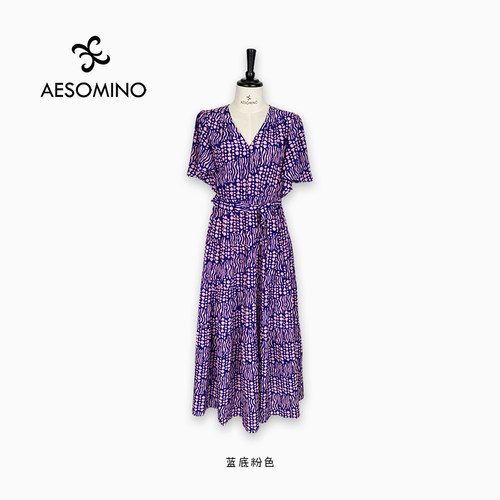 真丝连衣裙14mm蓝底粉色Y284B1149