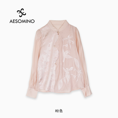 【新】国风斜襟盘扣立领衬衫女夏刺绣天丝薄小衫上衣Y684C5338