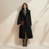 冬立领风衣羽绒服女25新款 收腰长款 保暖厚外套过膝黑色AKZA