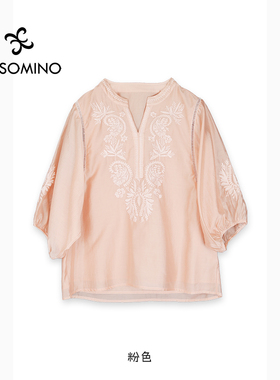 夏季衬衫T恤女纯色文艺复古刺绣小衫宽松V领套头上衣Y684B3300
