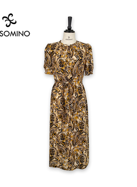 特卖夏短袖连衣裙精致风A字裙古风搭配卡其Y364005B0