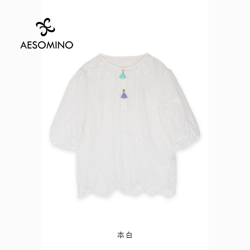 夏文艺复古苎麻刺绣薄款衬衫女装气质圆领单排扣小衫Y684B7028