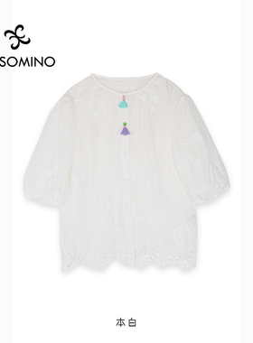 夏文艺复古苎麻刺绣薄款衬衫女装气质圆领单排扣小衫Y684B7028