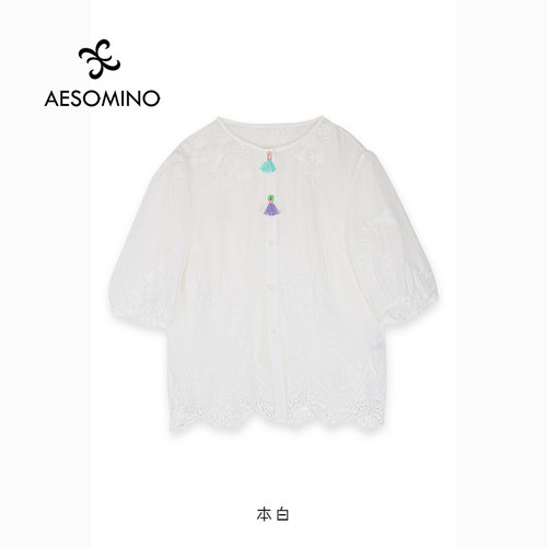 夏文艺复古苎麻刺绣薄款衬衫女装气质圆领单排扣小衫Y684B7028