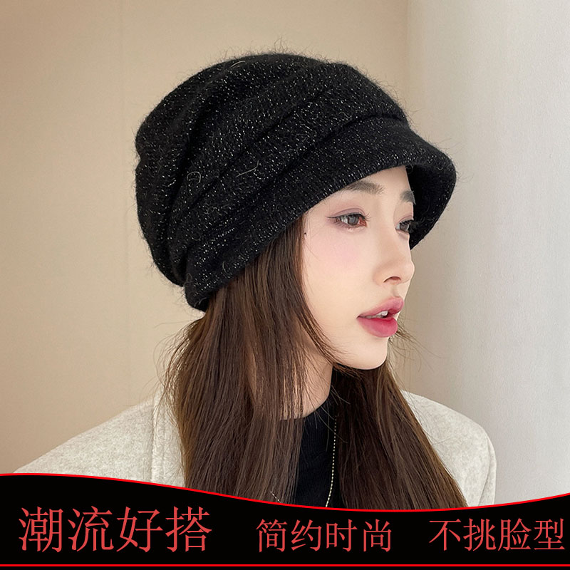 純色輕奢銅扣M標(biāo)鴨舌兔毛帽子女冬天護(hù)耳加絨盆帽戶外保暖針織帽